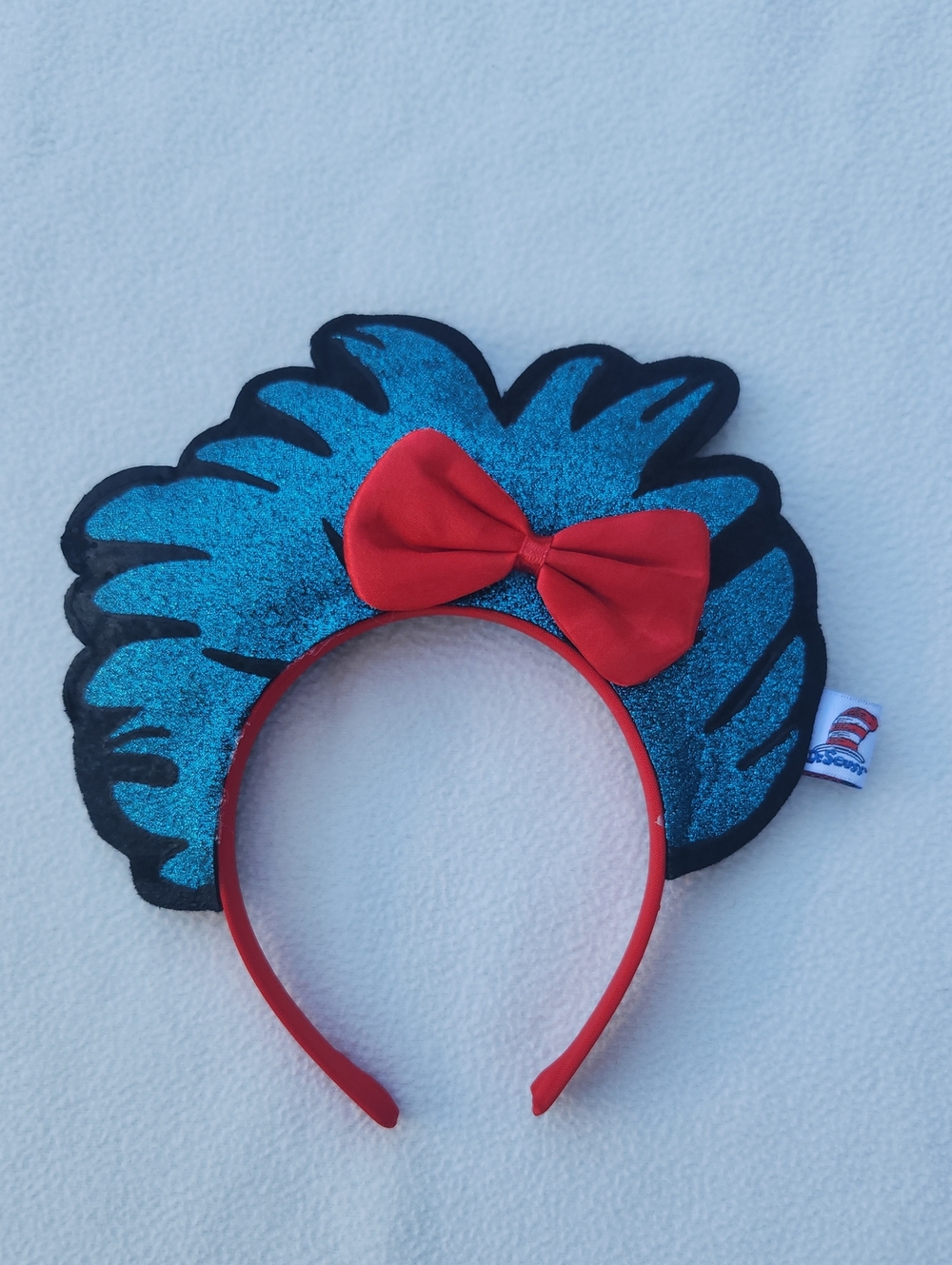 Blue Seuss-Inspired Kids Headband with Red Bow